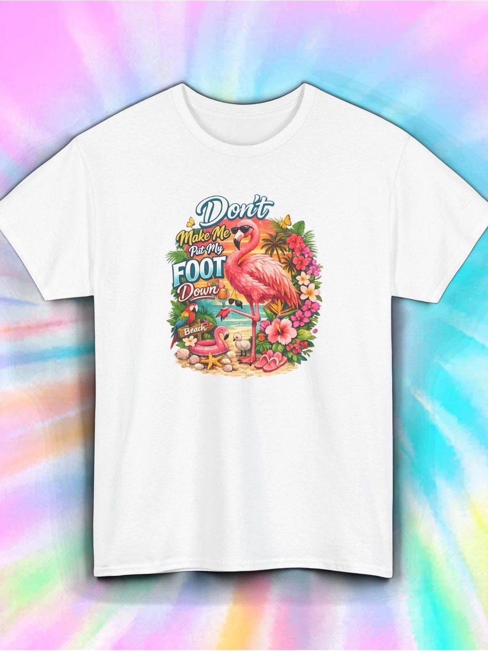 White T-Shirt with Pink Flamingo Beach Graphic